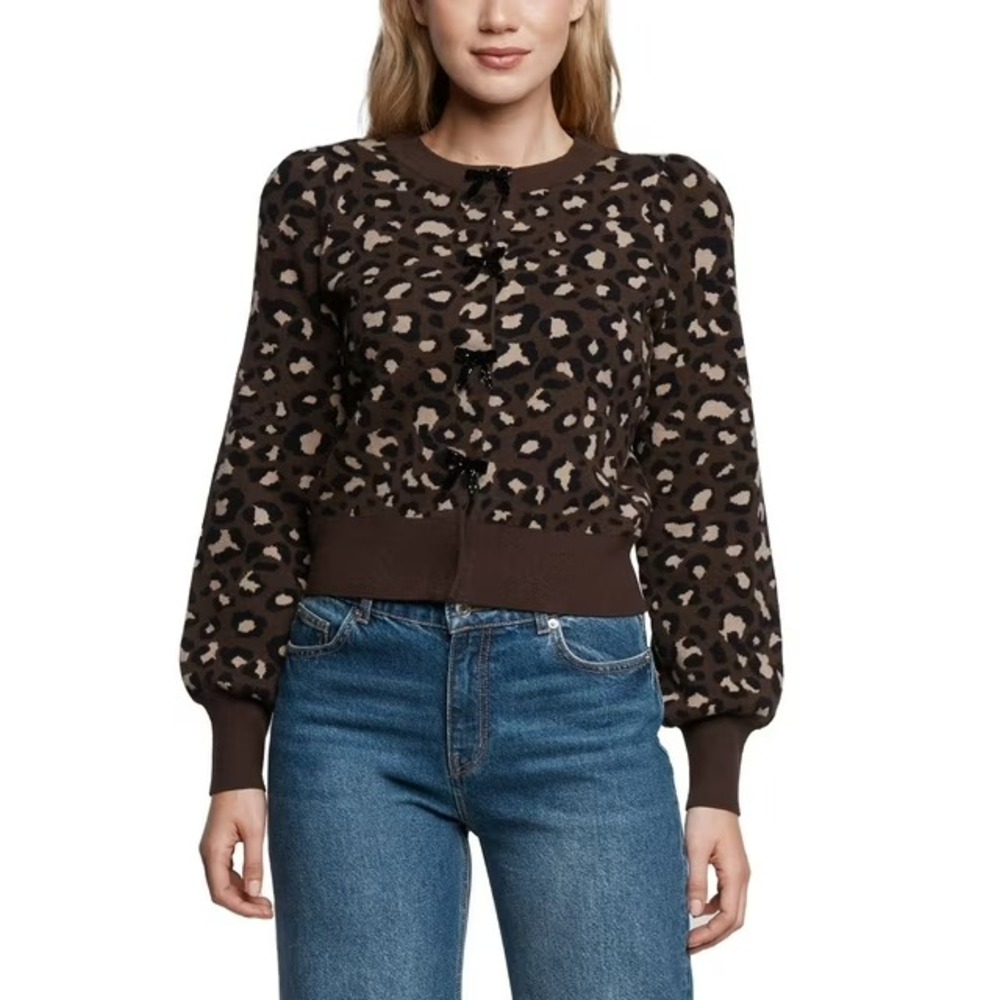 Express Womens Leopard Print Bow Cardigan Sweater Brown Large NWT